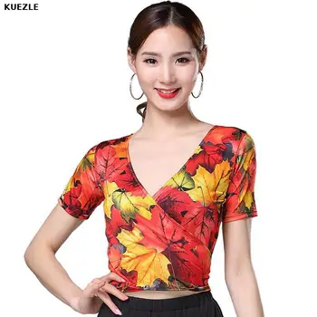 

Latin dance clothes tops 2020 spring and summer practice indoor dance costume female adult Tops printed net yarn Latin dance XXL