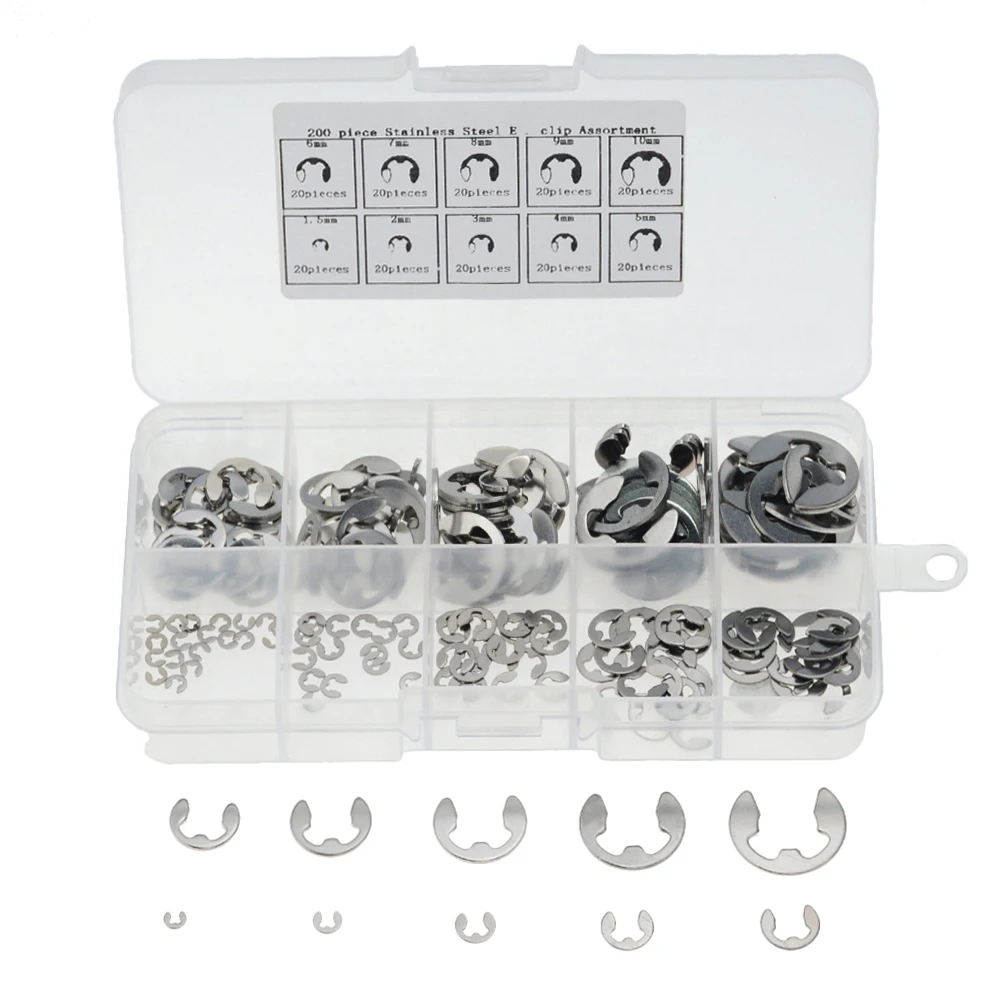 

200pcs/box M1.5~M10 304 Stainless Steel Stainless Steel E Clip washer Assortment Kit Circlip retaining ring for shaft fastener