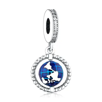 

925 Sterling Silver Blue Spinning Globe Dangle Fit Original Pan Charms Bracelet & Necklace Pendant Bead Berloque DIY Jewelry