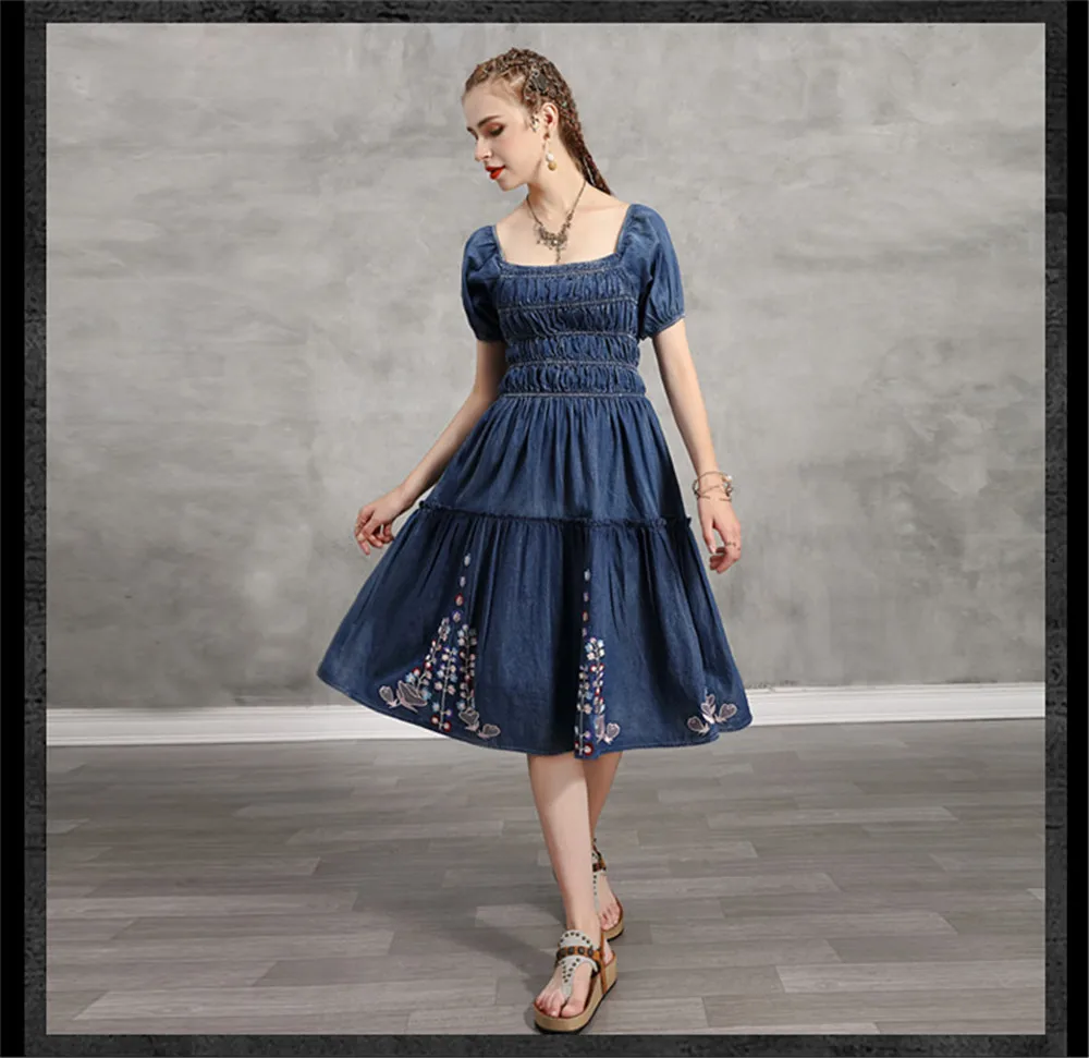 Summer Denim Dress 2020 Vintage Women Square Collar Dresses Short Sleeve Embroidery Elastic Waist Vestidos K82237 Girl's DRESS (15)
