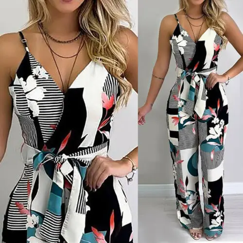 Mamelucos informales sin mangas para mujer, traje Floral bohemio con cuello de pico, pantalones largos holgados de pierna ancha, pantalones de talla grande 2019