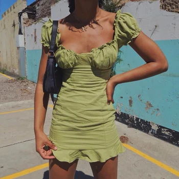 

Fashion Short Sleeve dress Elegant women mini dresses France Green Ruched vestido Vintage Square Collar women dress