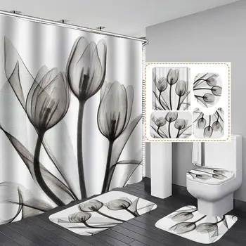 

Shower Curtain, Bathroom Curtains-Water Color,Light Grey Flower,Leaves,Art,White Cloth