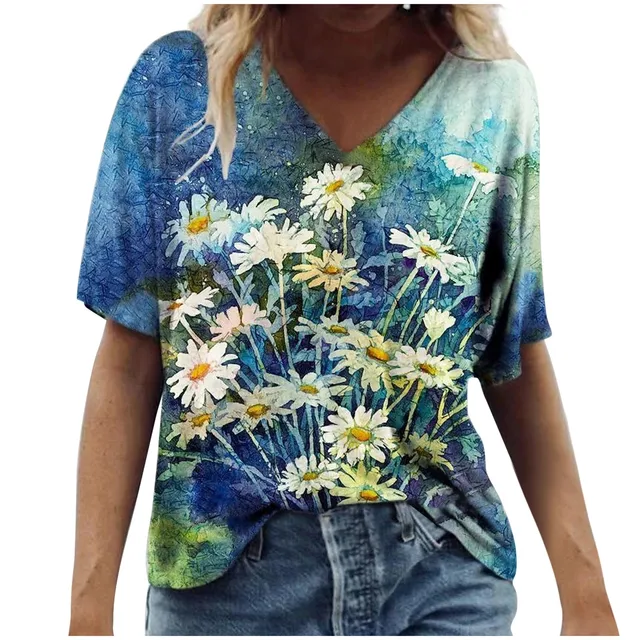 Vintage Woman Tshirts Women Summer Flower Printed Short Sleeve V-Neck T-Shirt Casual Tee Tops Graphic T Shirt