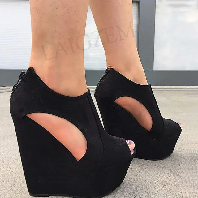 BERZIMER-zapatos de cuña con plataforma para mujer, Sandalias de tacón alto con cremallera trasera de gamuza sintética, talla 44 46 50 51 52 - AliExpress