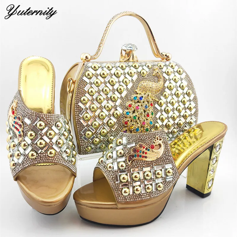 

Hot Sale Square Heels Ladies Shoes And Bag Set European Style Gold Color Party Shoes And Bag Set For Wedding Dress 10Colors
