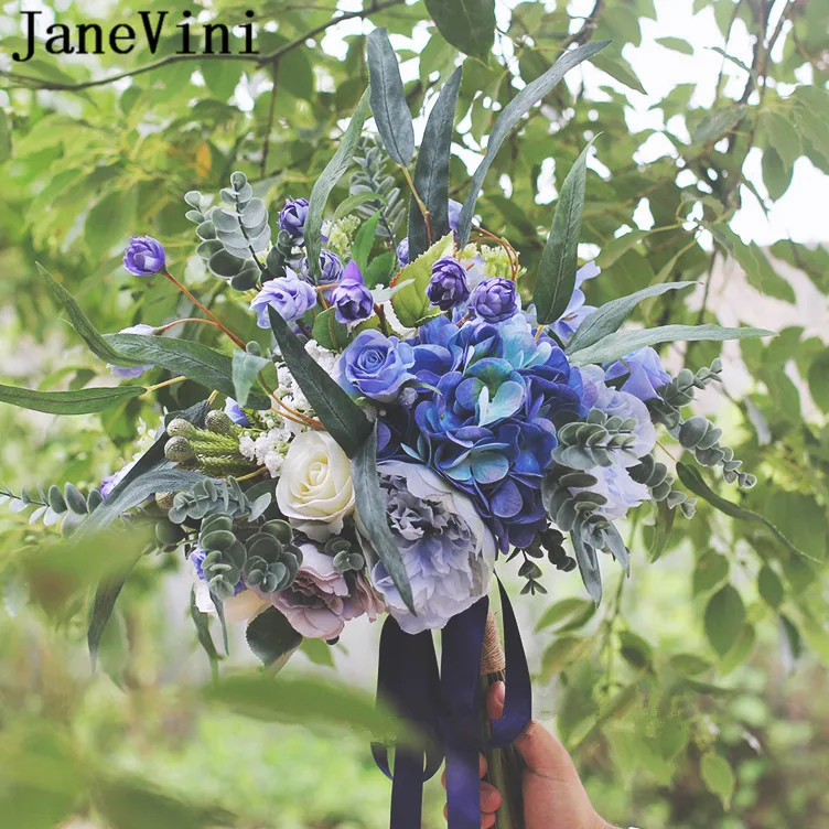 JaneVini винтажный синий белый свадебные букеты Свадебный Шелковый букет с цветами искусственная Роза пион Брошь невесты Флорес Бода Новинка