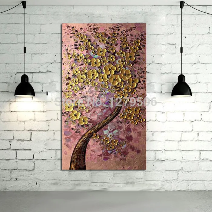 Ручная роспись абстрактное денежное дерево картины маслом на холсте золотое дерево розовый фон Настенная картина современный Декор искусство - Цвет: Белый