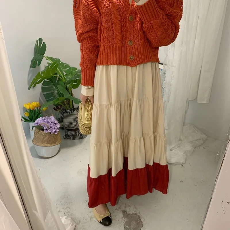 Neploe Korean Chic 2 Pcs Women Set Autumn Winter Long Loose Pleated Contrast Color Dress+ Twist Knitted Short Cardigan Sweater