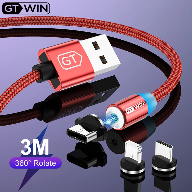 GTWIN Магнитный Micro USB кабель для iPhone 7 зарядное устройство Шнур магнит Тип C кабель 3 м USB C Быстрая зарядка для samsung S9 Plus iPad Pro