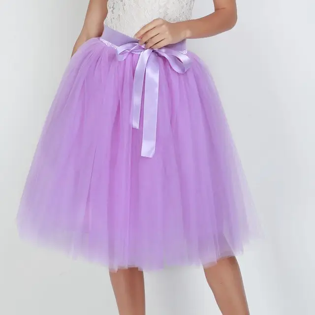 6Layers 65cm Fashion Tulle Skirt Pleated Tutu Skirts Women Lolita Petticoat Bridesmaids Sweet Party Midi Skirt Mini Skirt Dress lavender