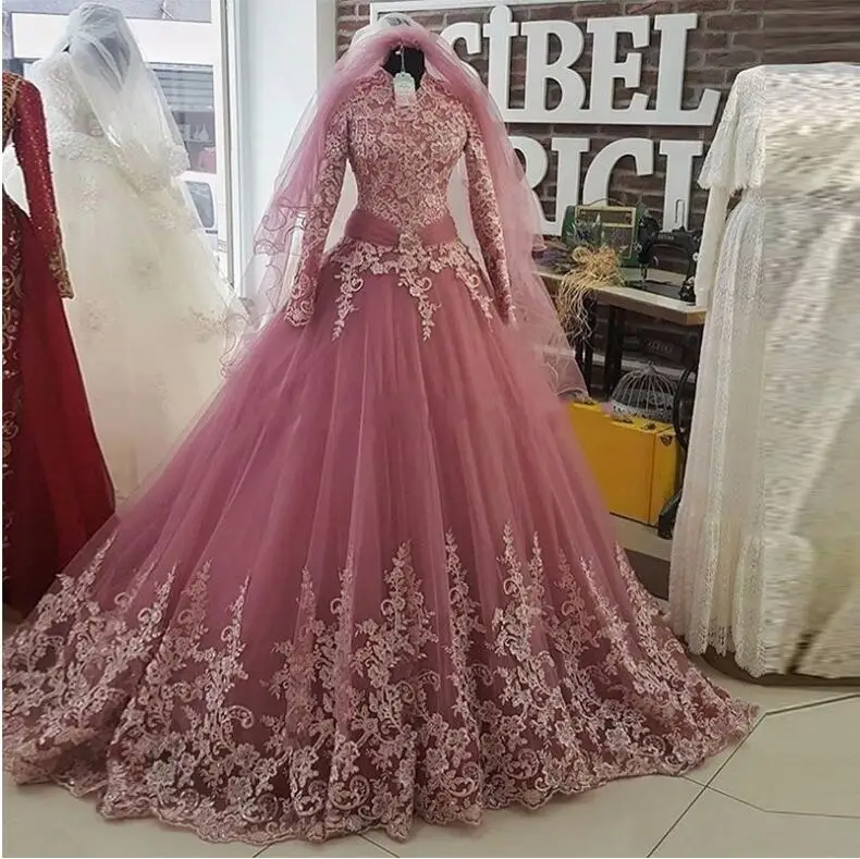 

Muslim Wedding Dresses Dusty Pink vestido de noiva robe de mairee Lace Long Sleeves Bridal Dresses Wedding Gowns Sleeves