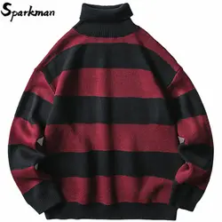 2019 мужской полосатый свитер пуловер хип хоп Уличная Ретро водолазка свитер Harajuku вязаные свитера Черный Красный осень зима