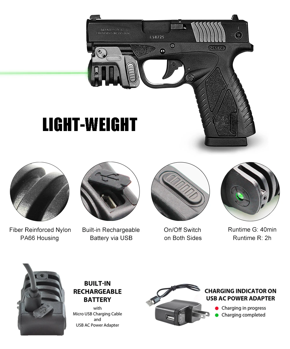 Laserspeed Built-in Rechargeable Red / Green Laser Pointer Sight for Compact Self Defense Gun Pistol Shooting mira laser pistola