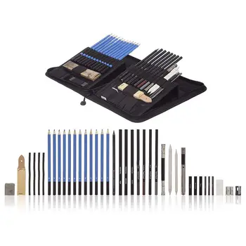 

40 Piece Drawing Pencils and Sketch Set in Up Zipper Case - Includes Graphite, Pastel and Charcoal Pencils and Accessories