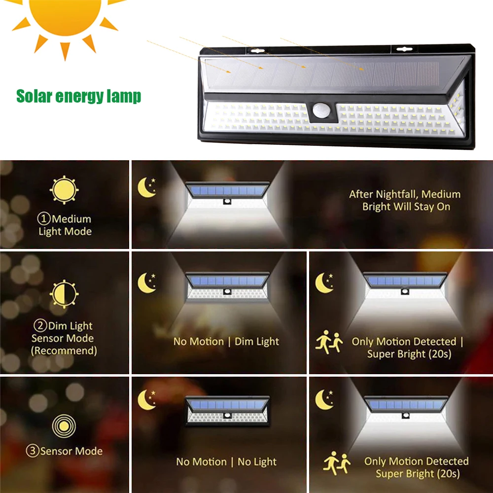 Sensor de Movimento ao ar Ip65 à Prova Solar Livre 3 Modos Lâmpada Parede Dwaterproof Água Poupança Energia Segurança Jardim Quintal Luzes 118 Led Luz Pir 4 Cheap Lâmpadas solares