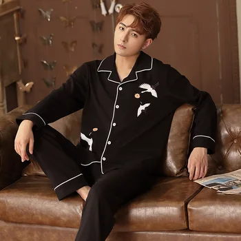 

Men 100% Cotton Crane Printed Pijama 2 Pieces Lounge Sleepwear Pyjamas Autumn Home Clothes Man Pure Cotton Pajamas Set