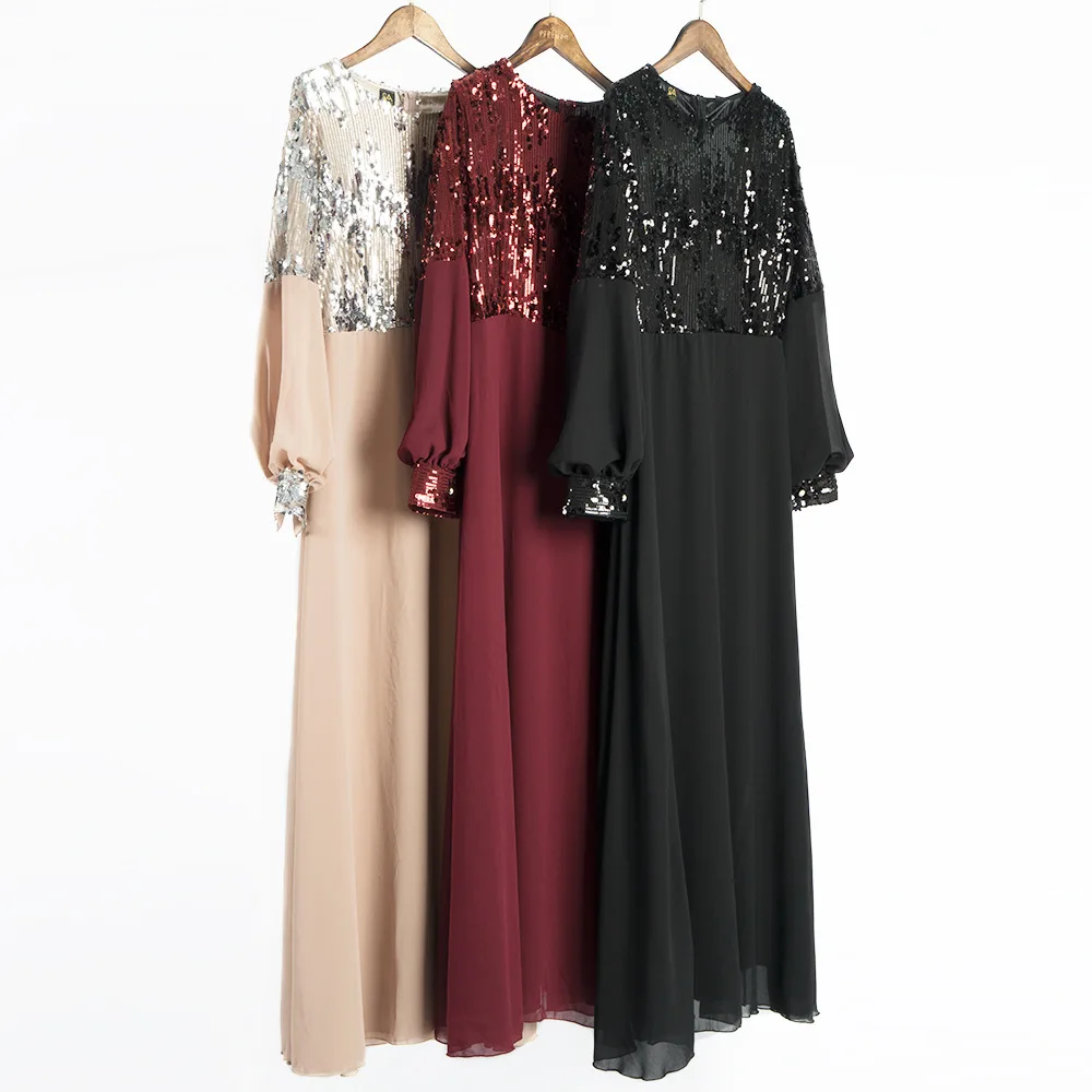 

H003 2019 Hot Selling Autumn And Winter Dress Embroidered Sequin Joint Chiffon Maxi Dress
