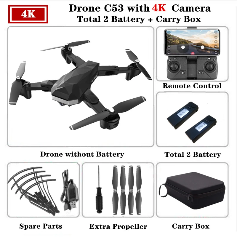 RC Drone C53 складной Дроны для селфи с 4K HD Двойная камера оптический поток следующий Квадрокоптер VS XS809S XS812 Вертолет игрушка - Цвет: 4K-Carry Box-2