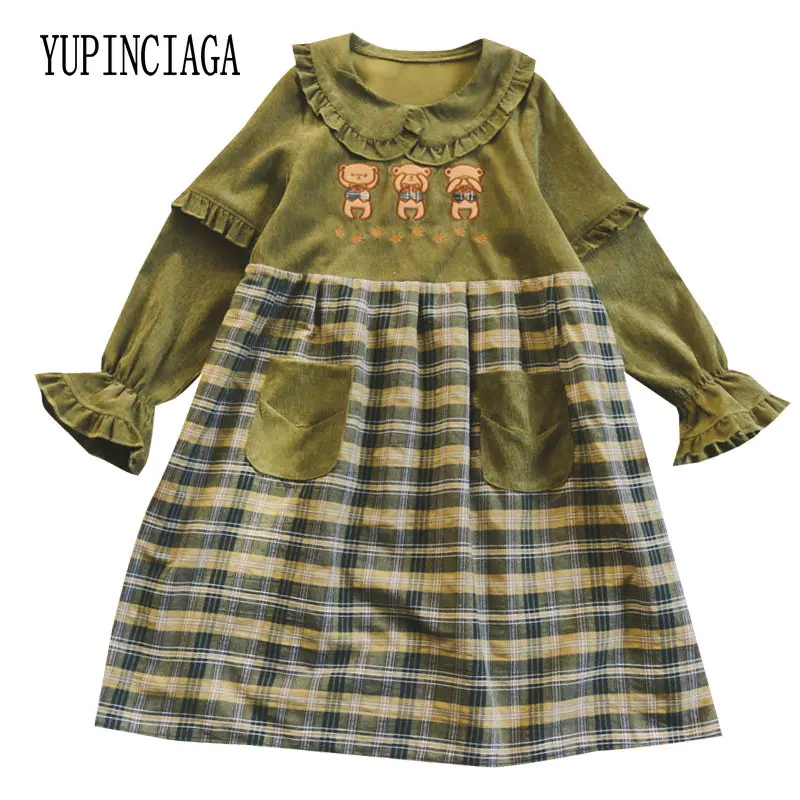 Women's Patchwork Corduroy Dresses Three bear patches Long Sleeve Doll collar Preppy Style Sweet Kawaii Dress with Pockets | Женская