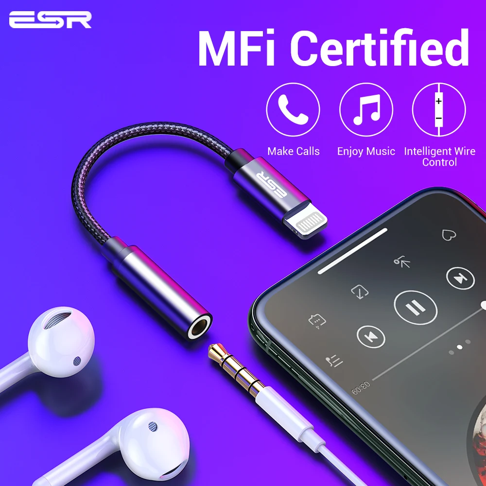 ESR Adapter MFI Lighting 3 5MM Headphone Jack Aux Plug Audio Play For iPhone X 7 8 Plus XR XS 11 pro Max Earphone Adaptador
