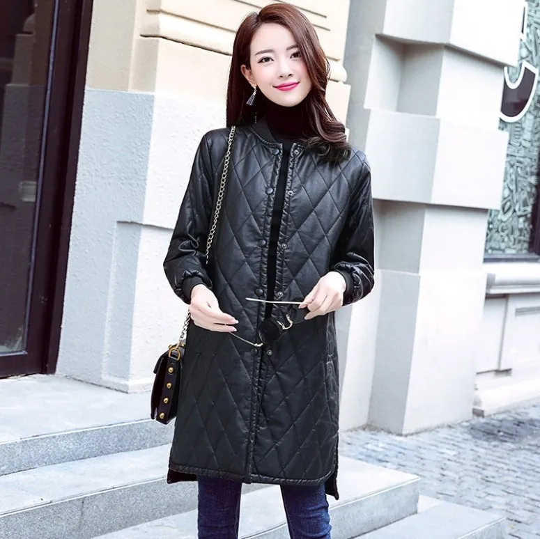 

Photo Shoot 2019 Winter New Style Rhombus Lattice Leather Coat Baseball Uniform Jacket PU Leather Casual Loose And Plus-sized WO