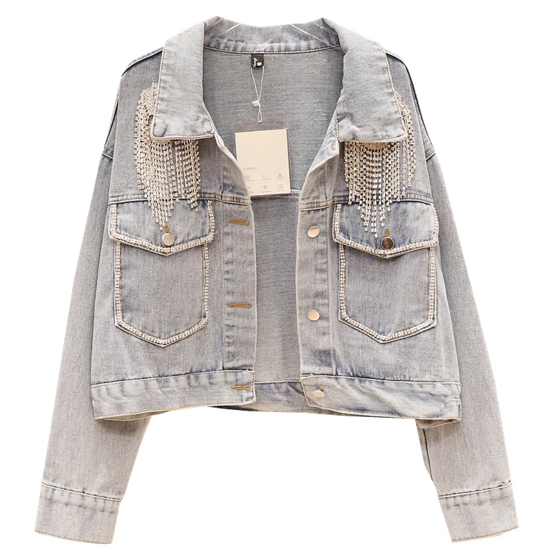

European Style Autumn Jacket 2019 Fashion Vintage Women Light Blue Washed Old Rhinestone Fringe Short Denim Coat Ladies Jackets