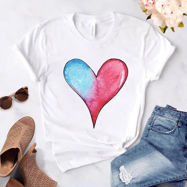 Heart flower print ladies T-shirt ladies casual basis O-collar white shirt short sleeve ladies T-shirt love graphic printing 33592