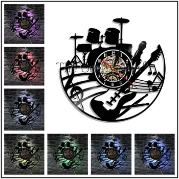 

Musical Instrument Vinyl Record Wall Clock Modern Design Guitar And Drum Kits Rock Music LED Clock Wall Watch Home Decor