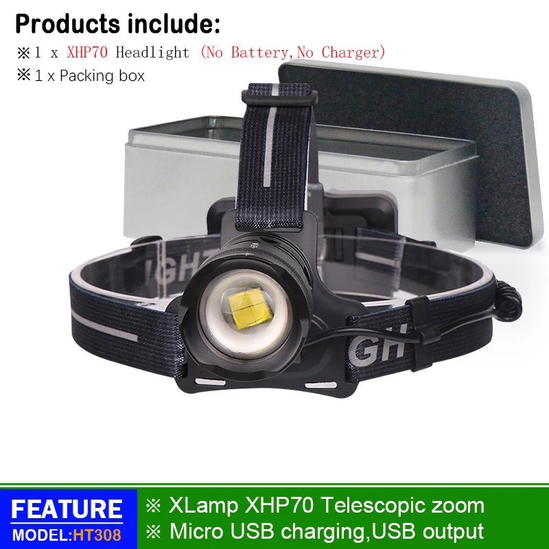 led head lamp A-BOX xhp70 puissante rechargeable a led headlight 18650 Zoom high power led headlamp lampe frontale usb head lamp head torch lantern - Испускаемый цвет: led head lamp A-BOX