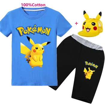 

New Boy Pokemon T-shirt + Shorts 3 piece Detective Pikachu Sports Top Cotton Shorts Set Cartoon Children Cute Kids Costume Set