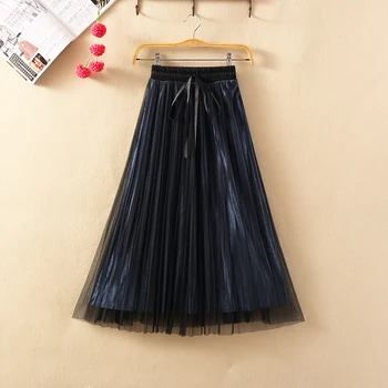 

2019 New Retro gold velvet skirt women's high waist pleated skirt medium length temperament A-line big swing skirt