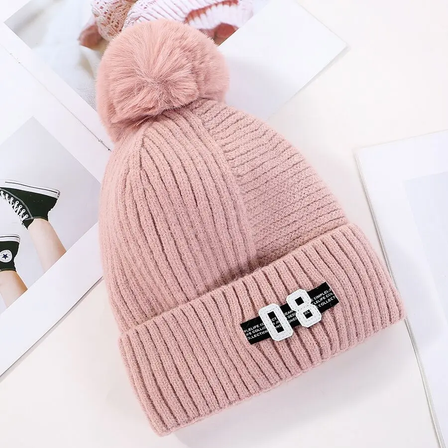 Лидер продаж; Новинка; зимние вязаные шапки Skullies с помпоном из искусственного меха; Модные женские теплые шапки в полоску с буквенным принтом; вязаная шапка; - Цвет: pink