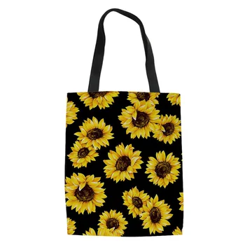 

WHEREISART Female Sunflower Design Soft Portable Eco-Friendly Grocery Bags Reusable Tote Fabric Shoulder Stachels for Ladies