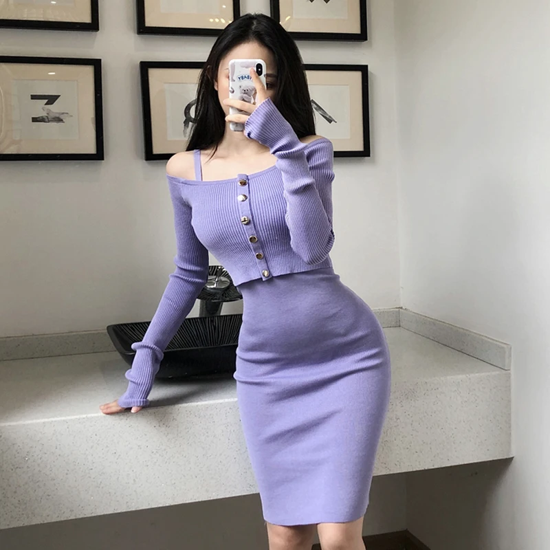 Korean Style Knitting Triped Long Sleeve Solid Pink Cardigan
