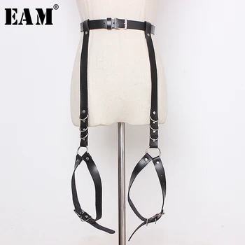 

[EAM] Pu Leather Black Metal Buckle Split Joint Long Belt Personality Women New Fashion Tide All-match Spring 2020 1S563