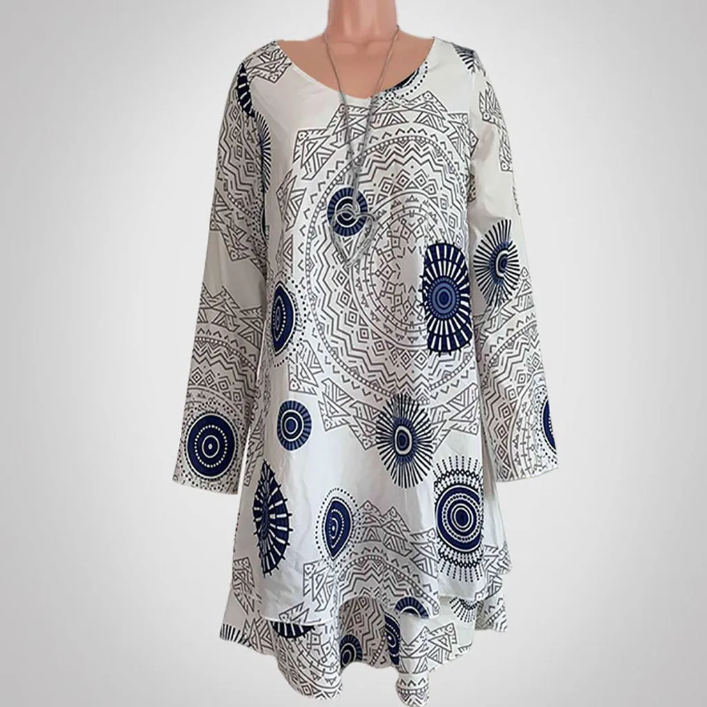 

Womens Plus Size Round Neck Print Mini Dress Loose Shift Long Sleeve Sun Dress autumn decoration boho dress roupa feminina