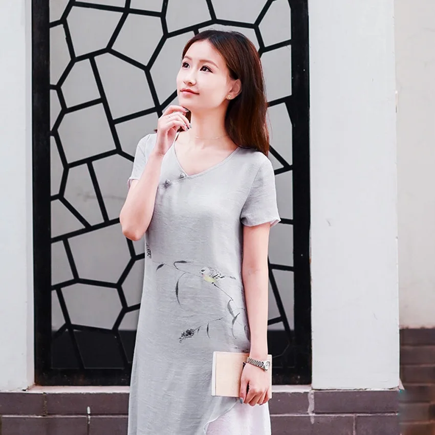 

Wonderful Lotus Summer New Style Chinese Style Hand-Painted Dress Chinese-style Retro Literature And Art Large Size Dress Classi