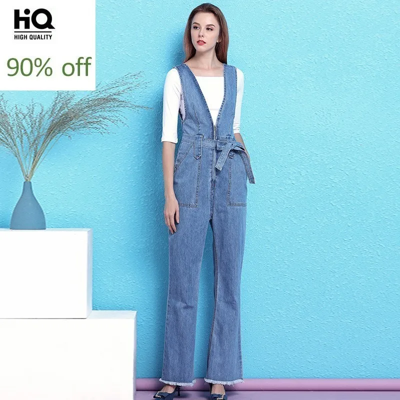 

Qualities Suspender V-Neck Full Length Wide Leg Womens Denim Jumpsuits Half Sleeve Slash Neck White T-Shirts Female 2PcsOutfits