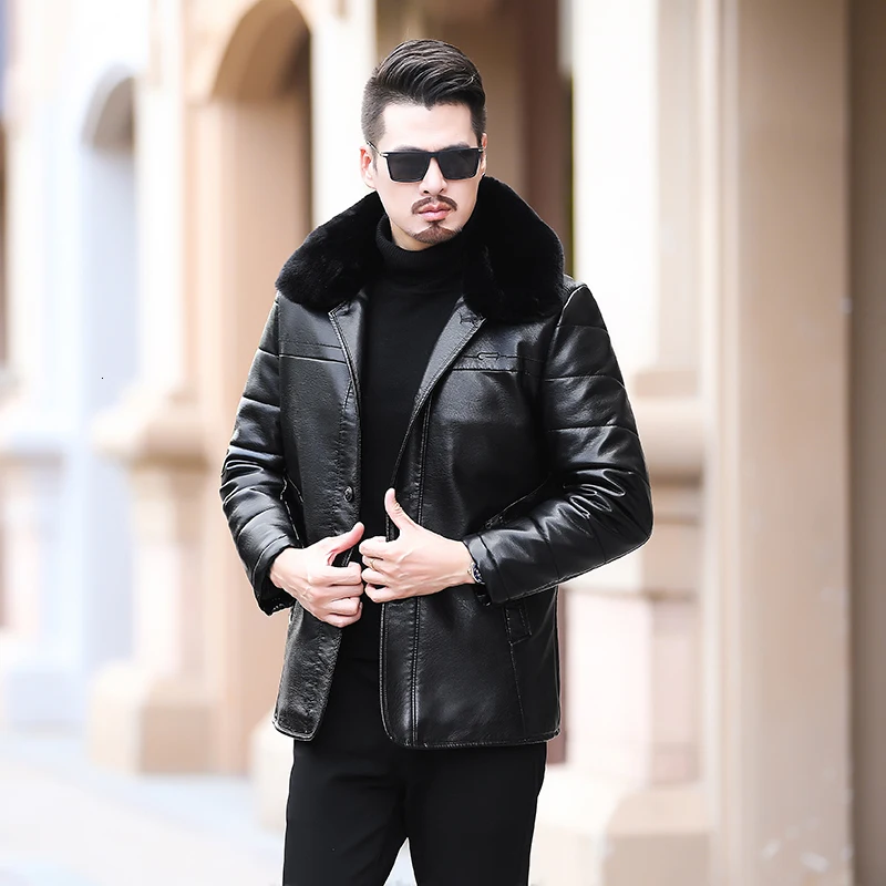 Новое пальто из овчины размера плюс 6XL, мужская куртка из натуральной кожи, Высококачественная кожаная куртка с воротником из меха енота - Цвет: Black