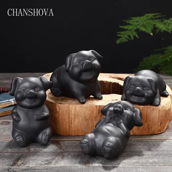 

CHANSHOVA Creative Handmade Purple Clay Tea Pet Happy Pig Traditional Chinese Tea Decoration Accessories Office Home Decor H160