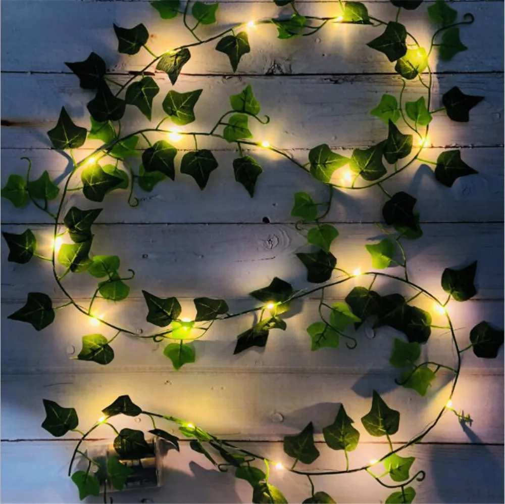 20LED Artificial Green Leaf Vine String Fairy Lights Garland Wreath Garden  Decor