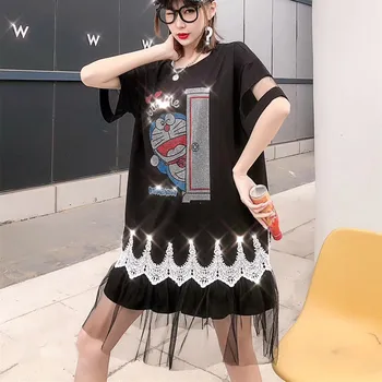 

Ladies dress 2020 summer new tide brand women's cartoon hot rhinestone stitching mesh yarn plus size t-shirt skirt