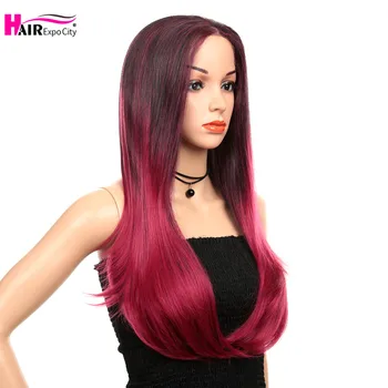 

18inch Long Straight Wig Synthetic Lace Front Wigs For White Women Heat Resistant Cosplay Wig Ombre Black Red Hair Expo City