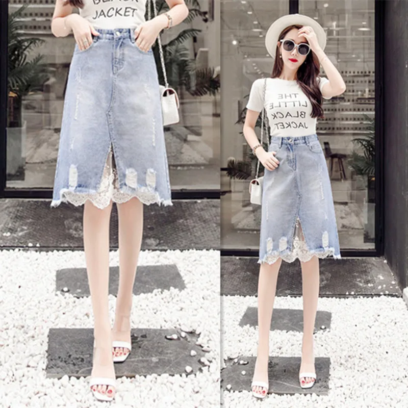 

Photo Shoot Ozhouzhan 2020 Spring Medium-length Denim Skirt Spell Lace with Holes Irregular Flash a