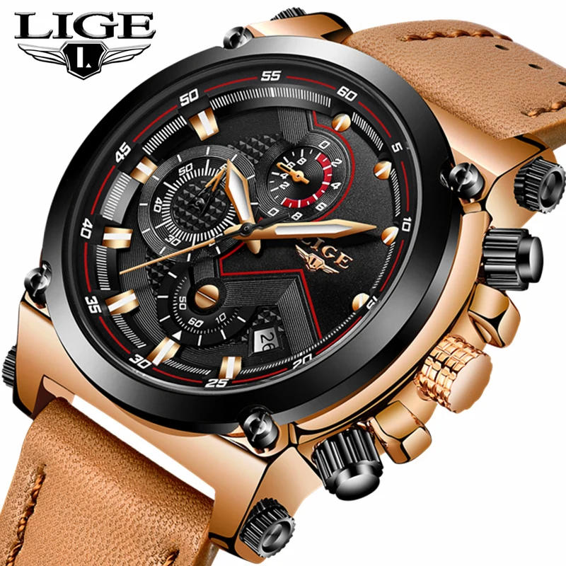 

Relojes hombre LIGE Mens Watches Top Brand Luxury Casual Quartz Watch Men Leather Big Dial Military Waterproof Sports Watches