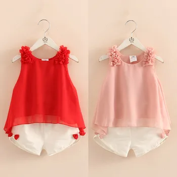 

2020 Casual Cute 2 3-4 6 8 10 Years Solid Color Bow Flower Sleeveless T-shirt+Shorts 2 Pcs Baby Kids Girls Summer Clothing Set