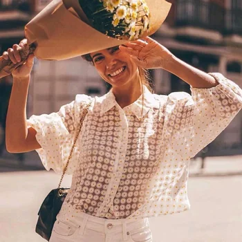 

Hirigin Women Tops and Blouses Elegant Boho Beach Floral Shirt Ladies Perspective See Through OL blusa feminina chemise femme