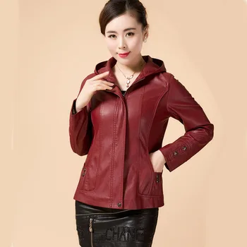 

4XL Plus Size Women Leather Jacket Middle-Aged And Elderly Women's Spring And Autumn Leather Hooded Jacket Coats Lady Clothing