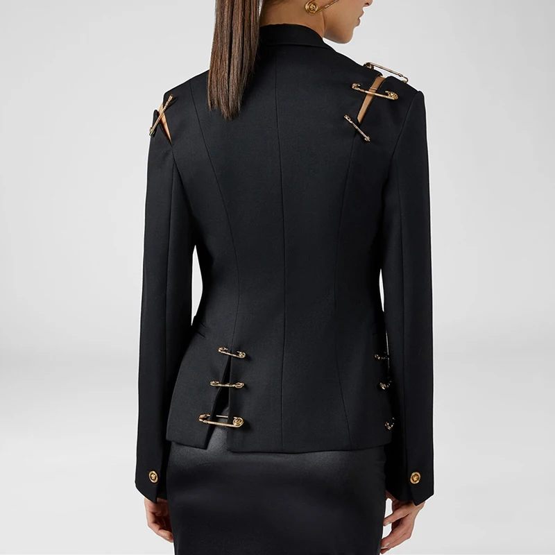 GALCAUR Streetwear Coat For Female Patchwork Metal Pin Buckle Lapel  Collar Long Sleeve High Waist Slimming Women's Coat New